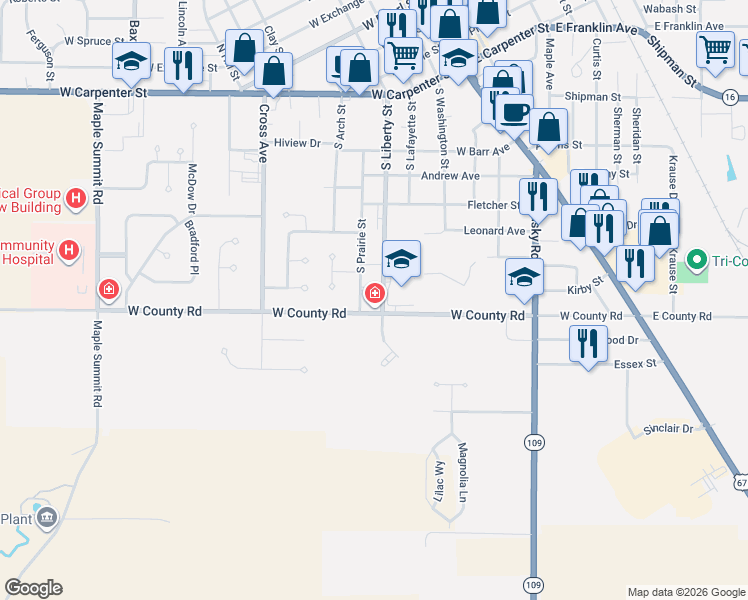 map of restaurants, bars, coffee shops, grocery stores, and more near 1120 South Liberty Street in Jerseyville