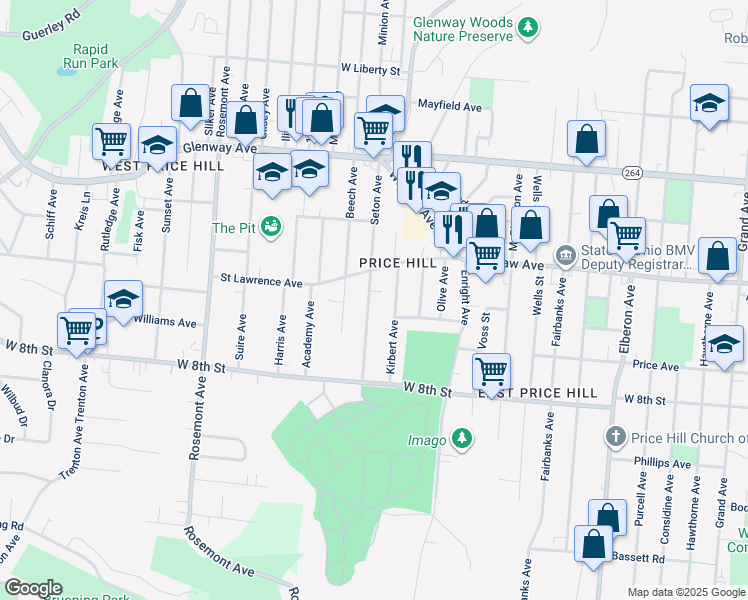 map of restaurants, bars, coffee shops, grocery stores, and more near 963 Kirbert Avenue in Cincinnati