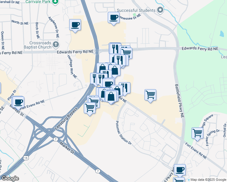 map of restaurants, bars, coffee shops, grocery stores, and more near 538 Fort Evans Road Northeast in Leesburg