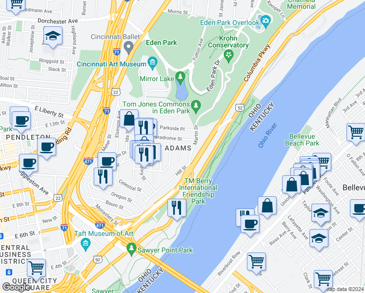 map of restaurants, bars, coffee shops, grocery stores, and more near 1012 Hatch Street in Cincinnati