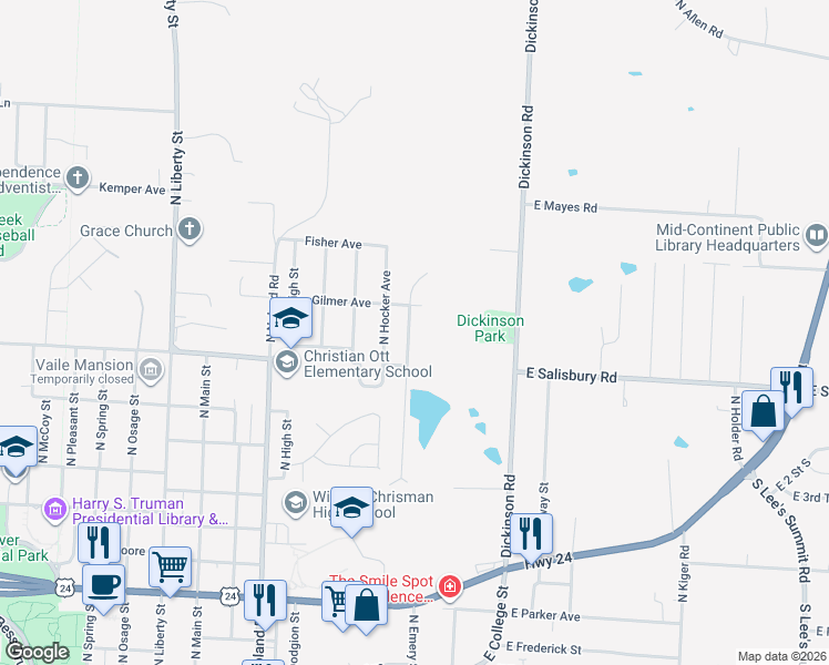 map of restaurants, bars, coffee shops, grocery stores, and more near 1621 North Emery Street in Independence