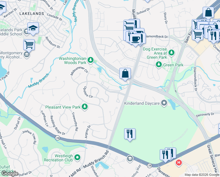 map of restaurants, bars, coffee shops, grocery stores, and more near 913 Hillside Lake Terrace in Gaithersburg