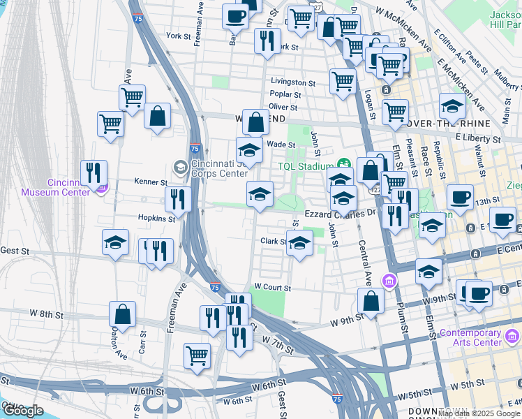 map of restaurants, bars, coffee shops, grocery stores, and more near Ezzard Charles Drive in Cincinnati
