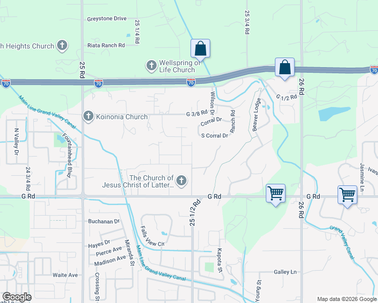 map of restaurants, bars, coffee shops, grocery stores, and more near 727 Corral Drive in Grand Junction