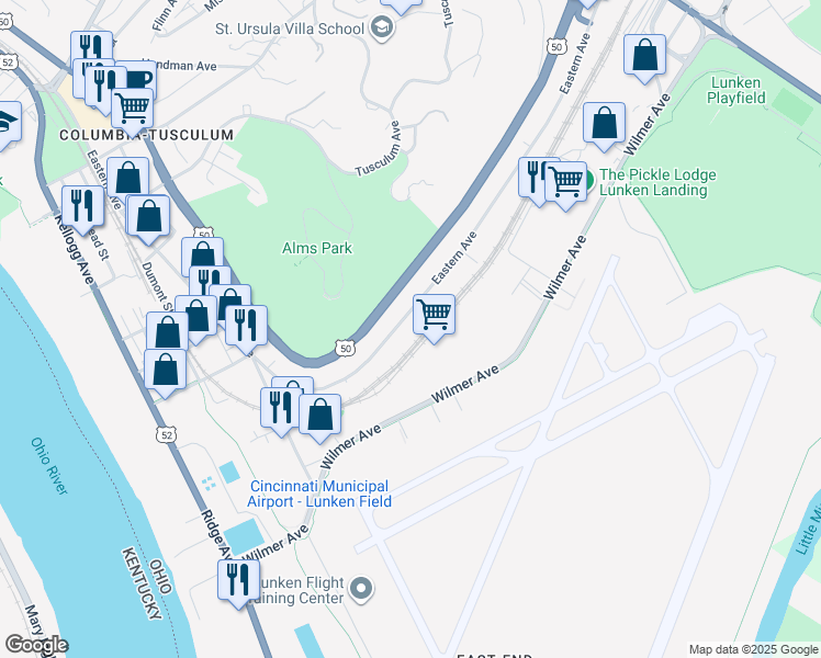 map of restaurants, bars, coffee shops, grocery stores, and more near 4309 Eastern Avenue in Cincinnati
