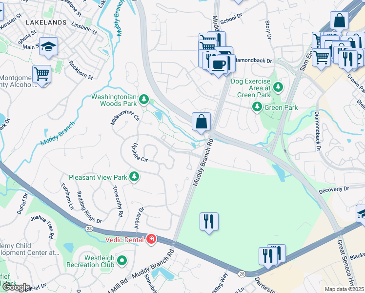 map of restaurants, bars, coffee shops, grocery stores, and more near 921 Hillside Lake Terrace in Gaithersburg