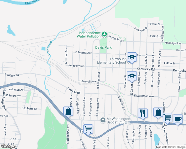 map of restaurants, bars, coffee shops, grocery stores, and more near 120 South Arlington Avenue in Independence