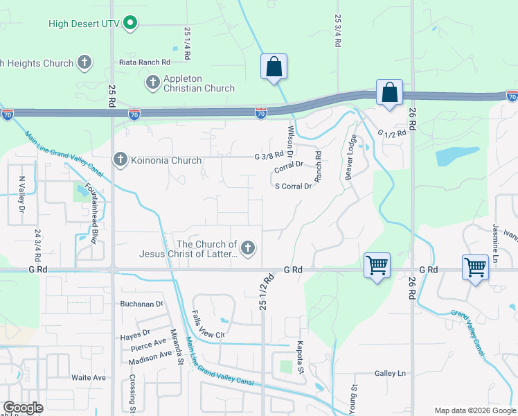 map of restaurants, bars, coffee shops, grocery stores, and more near 727 Corral Drive in Grand Junction