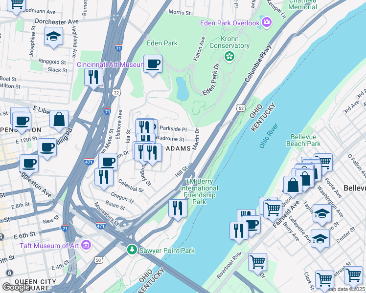 map of restaurants, bars, coffee shops, grocery stores, and more near 1034 Hatch Street in Cincinnati