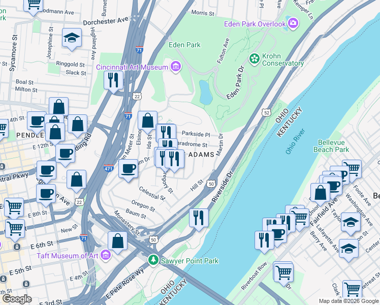 map of restaurants, bars, coffee shops, grocery stores, and more near in Cincinnati