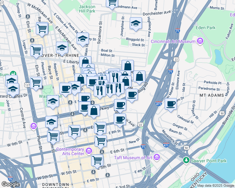 map of restaurants, bars, coffee shops, grocery stores, and more near 1131 Broadway Street in Cincinnati