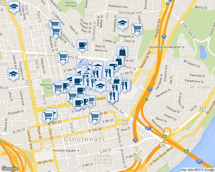 map of restaurants, bars, coffee shops, grocery stores, and more near 1131 Broadway Street in Cincinnati
