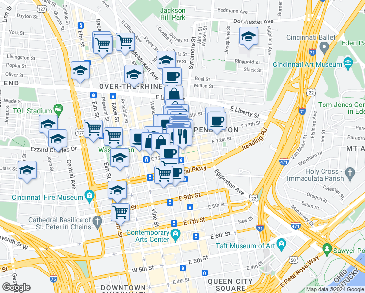 map of restaurants, bars, coffee shops, grocery stores, and more near 1206 Main Street in Cincinnati