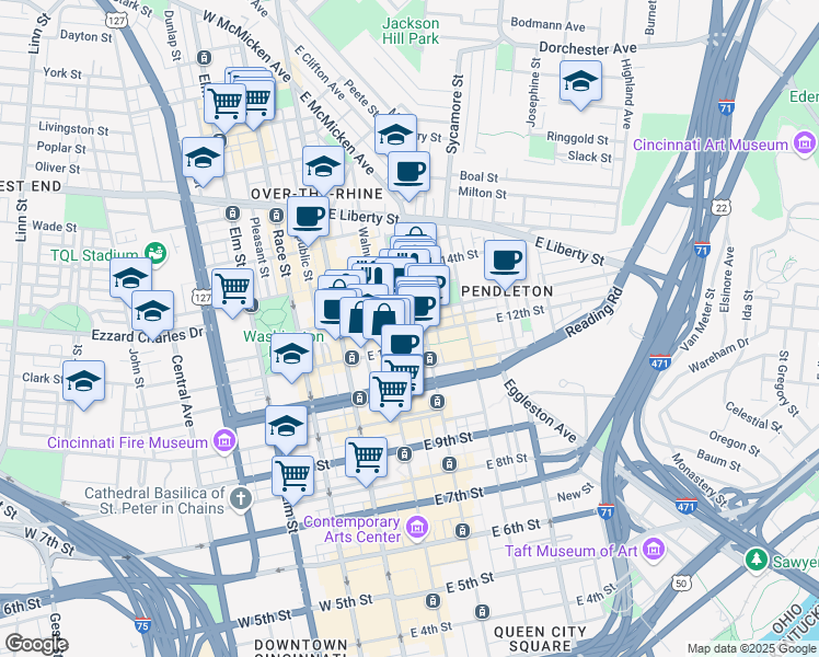 map of restaurants, bars, coffee shops, grocery stores, and more near 1232 Walnut Street in Cincinnati