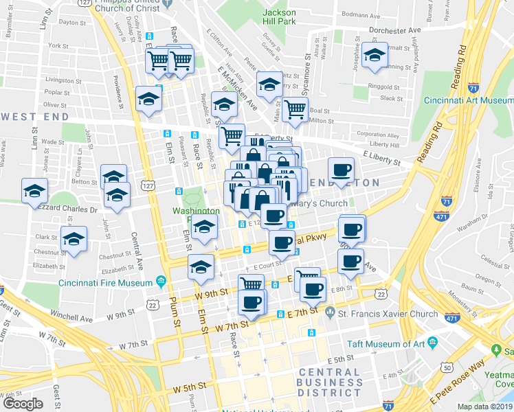 map of restaurants, bars, coffee shops, grocery stores, and more near 1232 Walnut Street in Cincinnati