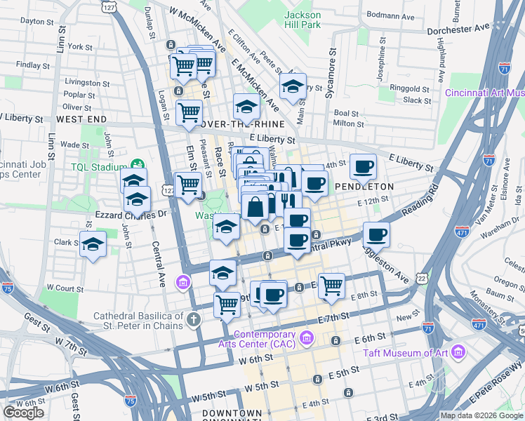 map of restaurants, bars, coffee shops, grocery stores, and more near 1234 Vine Street in Cincinnati