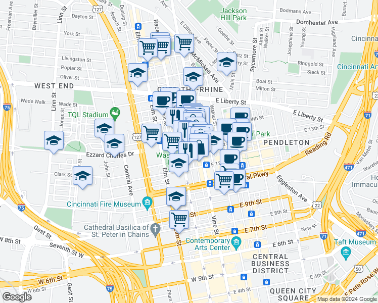 map of restaurants, bars, coffee shops, grocery stores, and more near 18 West 13th Street in Cincinnati