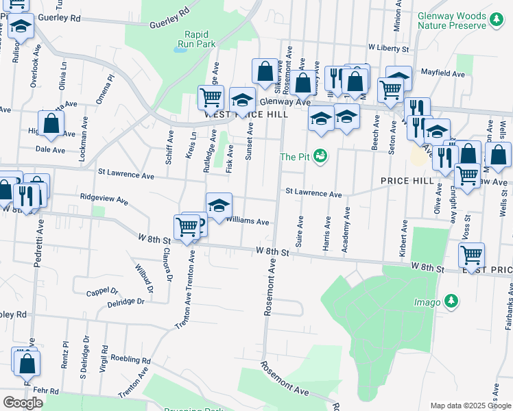 map of restaurants, bars, coffee shops, grocery stores, and more near 4031 Jamestown Street in Cincinnati