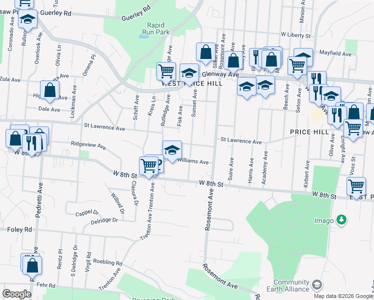 map of restaurants, bars, coffee shops, grocery stores, and more near 4121 Jamestown Street in Cincinnati