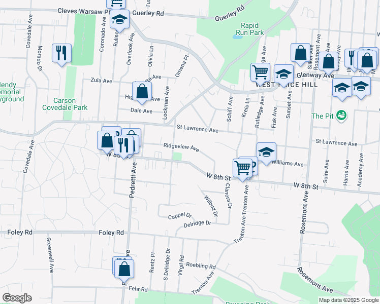 map of restaurants, bars, coffee shops, grocery stores, and more near 4359 Ridgeview Avenue in Cincinnati