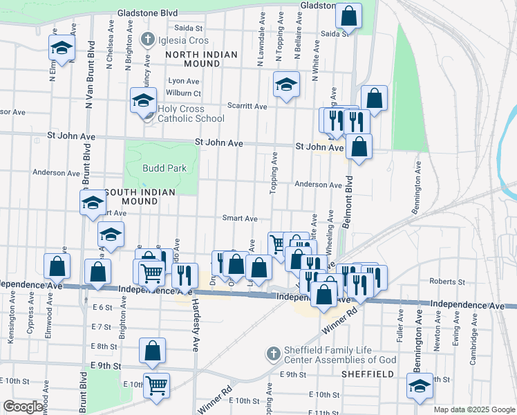 map of restaurants, bars, coffee shops, grocery stores, and more near 333 Lawndale Avenue in Kansas City