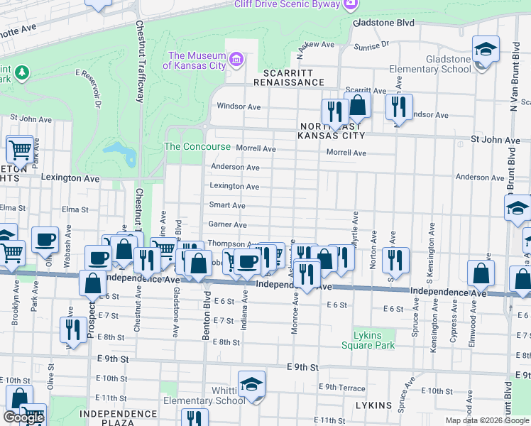 map of restaurants, bars, coffee shops, grocery stores, and more near 400 Bales Avenue in Kansas City