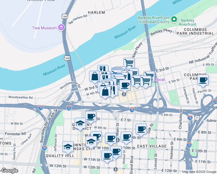 map of restaurants, bars, coffee shops, grocery stores, and more near 303 Delaware Street in Kansas City