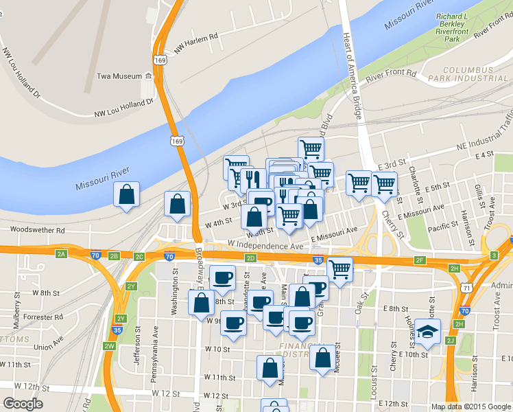 map of restaurants, bars, coffee shops, grocery stores, and more near 303 Delaware Street in Kansas City
