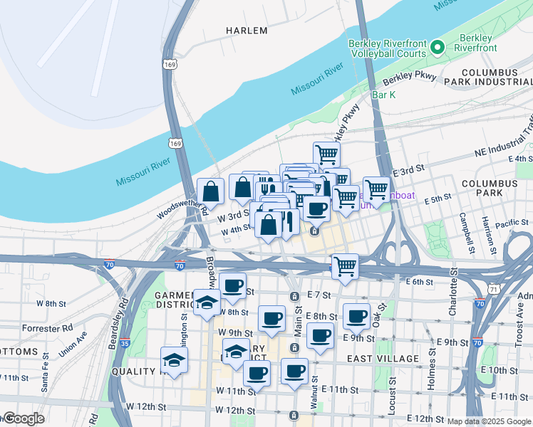 map of restaurants, bars, coffee shops, grocery stores, and more near 114A West 3rd Street in Kansas City
