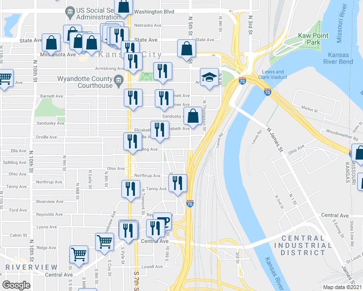 map of restaurants, bars, coffee shops, grocery stores, and more near 336 North 5th Street in Kansas City