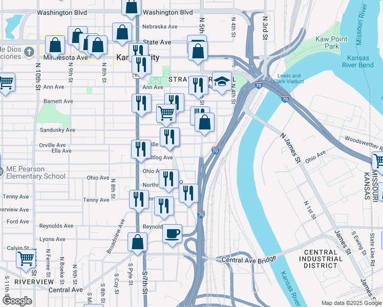 map of restaurants, bars, coffee shops, grocery stores, and more near 531 Orville Avenue in Kansas City