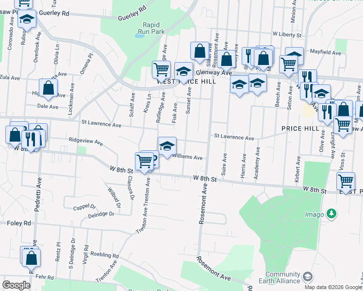 map of restaurants, bars, coffee shops, grocery stores, and more near 4121 Jamestown Street in Cincinnati