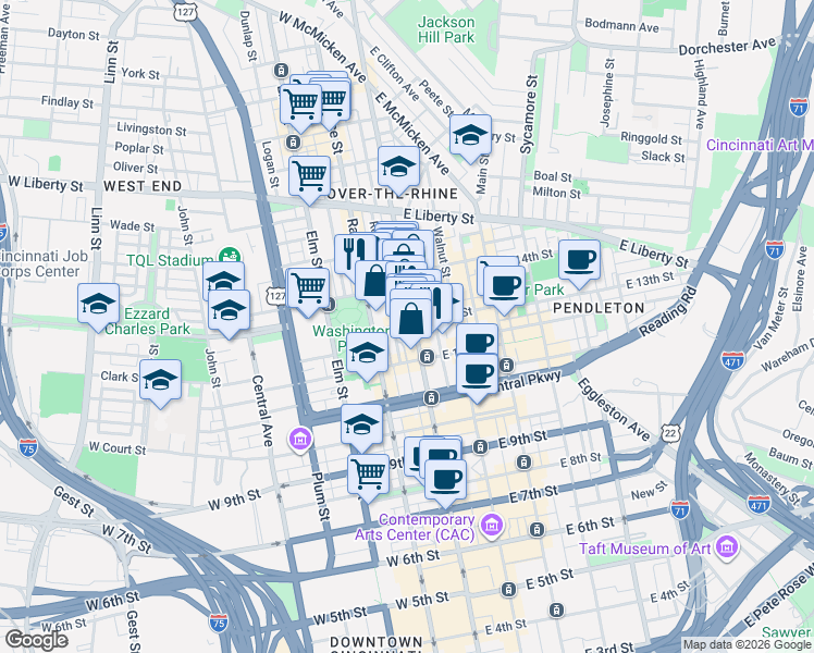map of restaurants, bars, coffee shops, grocery stores, and more near 18 West 13th Street in Cincinnati