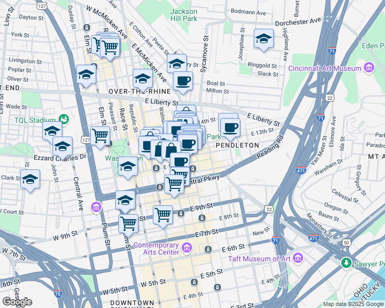 map of restaurants, bars, coffee shops, grocery stores, and more near 1206 Main Street in Cincinnati