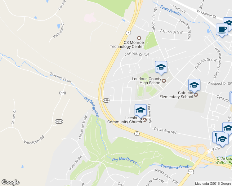 map of restaurants, bars, coffee shops, grocery stores, and more near 708 Donaldson Lane Southwest in Leesburg