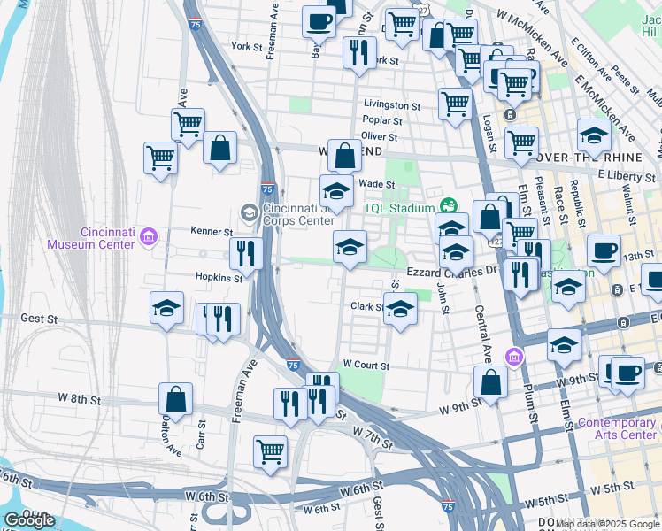 map of restaurants, bars, coffee shops, grocery stores, and more near 845 Ezzard Charles Dr in Cincinnati