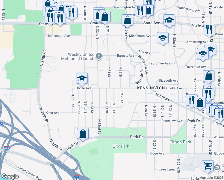 map of restaurants, bars, coffee shops, grocery stores, and more near 3001 Orville Avenue in Kansas City