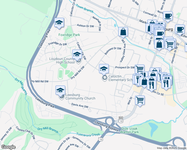 map of restaurants, bars, coffee shops, grocery stores, and more near 406 Belmont Drive Southwest in Leesburg