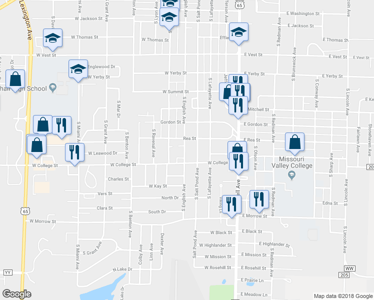 map of restaurants, bars, coffee shops, grocery stores, and more near 1162 South English Avenue in Marshall