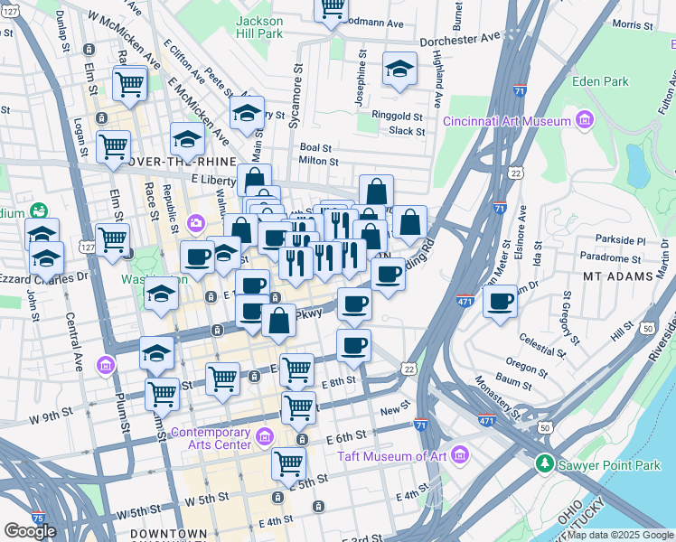 map of restaurants, bars, coffee shops, grocery stores, and more near 1131 Broadway Street in Cincinnati