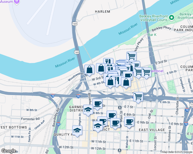 map of restaurants, bars, coffee shops, grocery stores, and more near 250 West 2nd Street in Kansas City