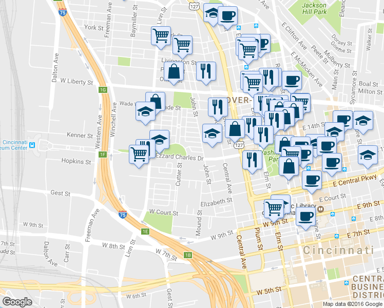 map of restaurants, bars, coffee shops, grocery stores, and more near 520 Ezzard Charles Drive in Cincinnati
