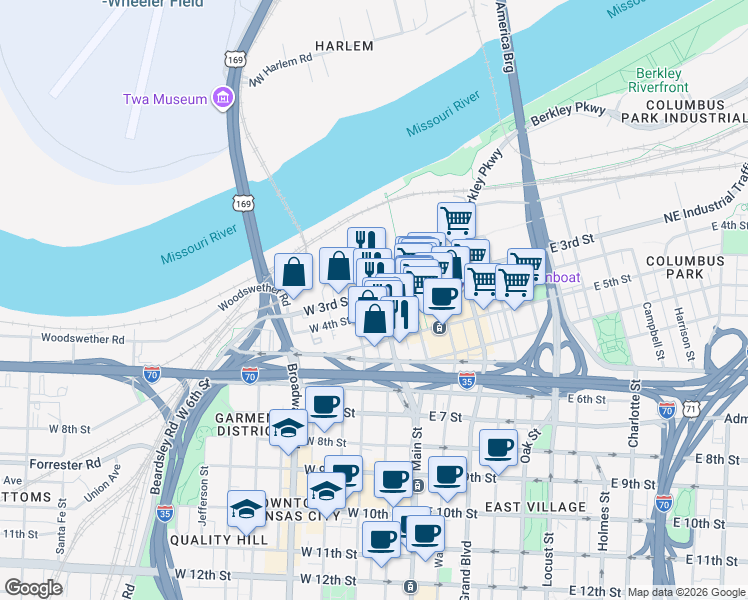 map of restaurants, bars, coffee shops, grocery stores, and more near 300 Delaware Street in Kansas City