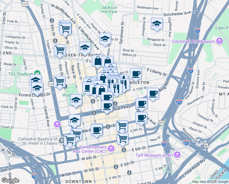 map of restaurants, bars, coffee shops, grocery stores, and more near 1206 Main Street in Cincinnati