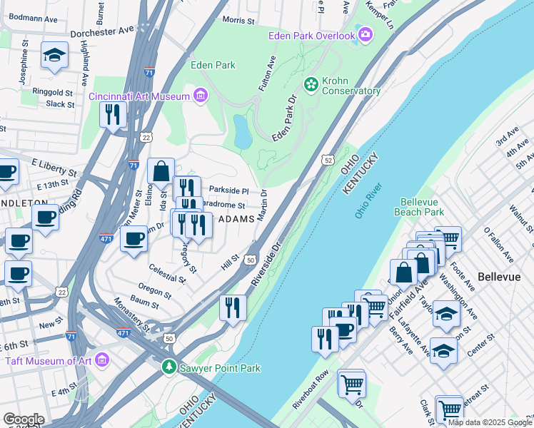 map of restaurants, bars, coffee shops, grocery stores, and more near 1034 Hatch Street in Cincinnati