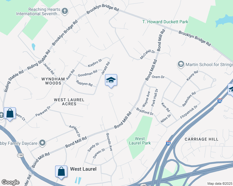 map of restaurants, bars, coffee shops, grocery stores, and more near 16001 Sherwood Avenue in Laurel