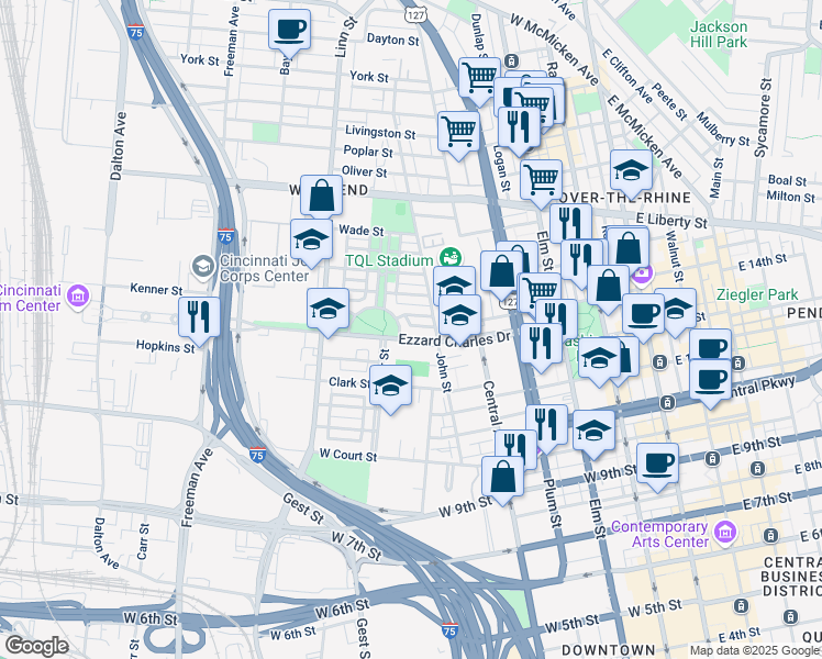 map of restaurants, bars, coffee shops, grocery stores, and more near 1334 Laurel Park Drive in Cincinnati