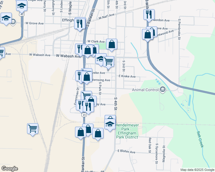 map of restaurants, bars, coffee shops, grocery stores, and more near 200 West Eiche Avenue in Effingham