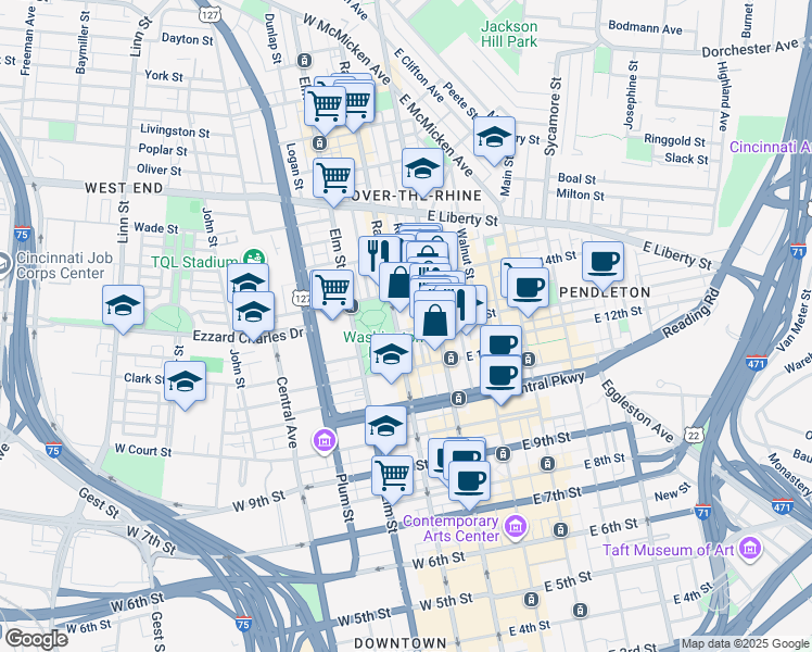 map of restaurants, bars, coffee shops, grocery stores, and more near 18 West 13th Street in Cincinnati
