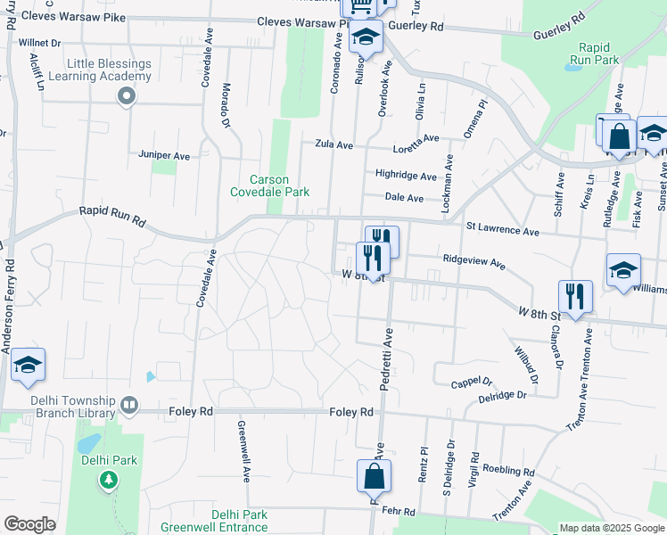 map of restaurants, bars, coffee shops, grocery stores, and more near 4544 West 8th Street in Cincinnati